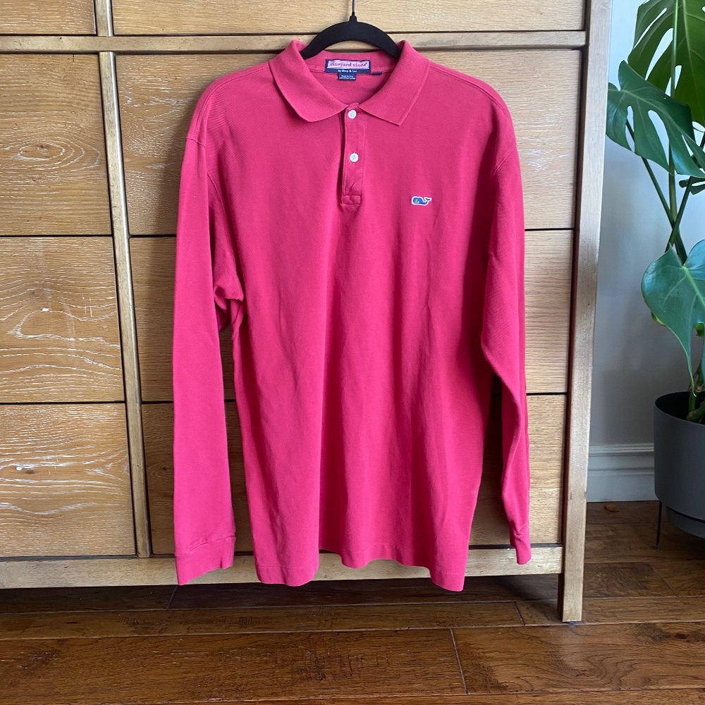 Mens Vineyard Vines Long Sleeve Raspberry Polo Shirt Logo V-Neck Button Medium